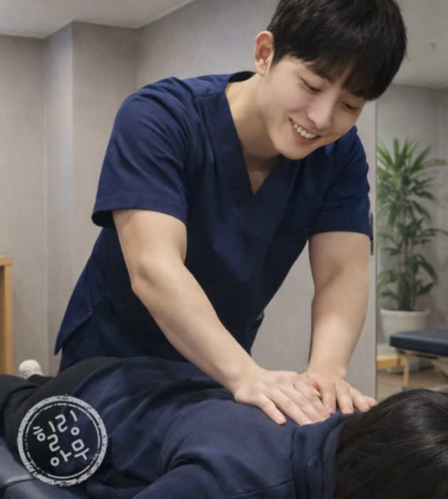 의료진이 환자에게 척추 또는 허리 부위에 대한 수동 치료를 시술하고 있는 장면
